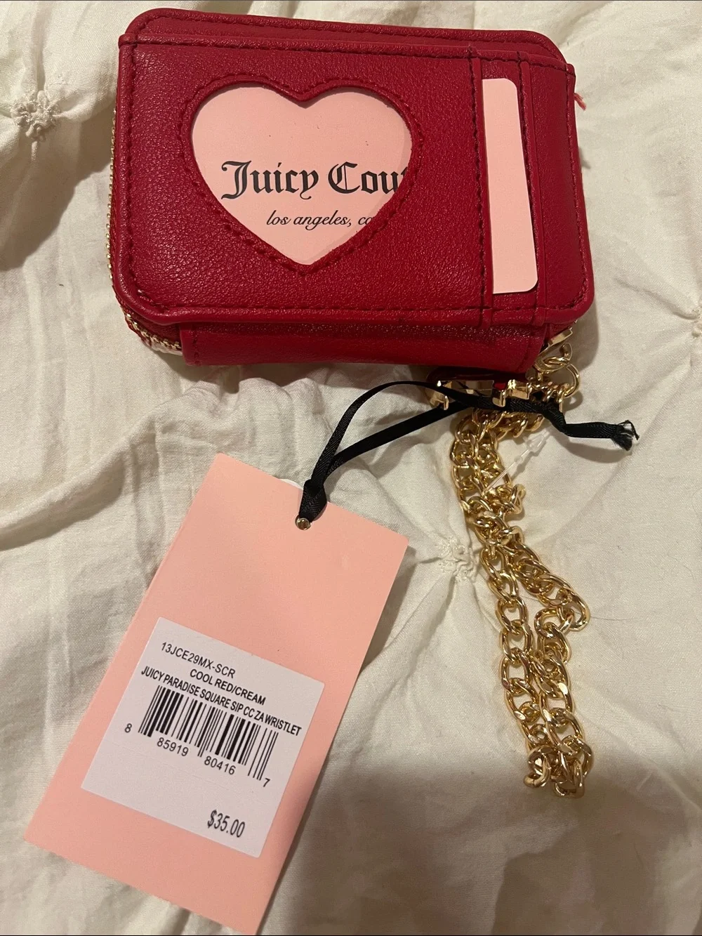 Juicy Couture Red and White Striped Card Holder with Green Embroidered Logo